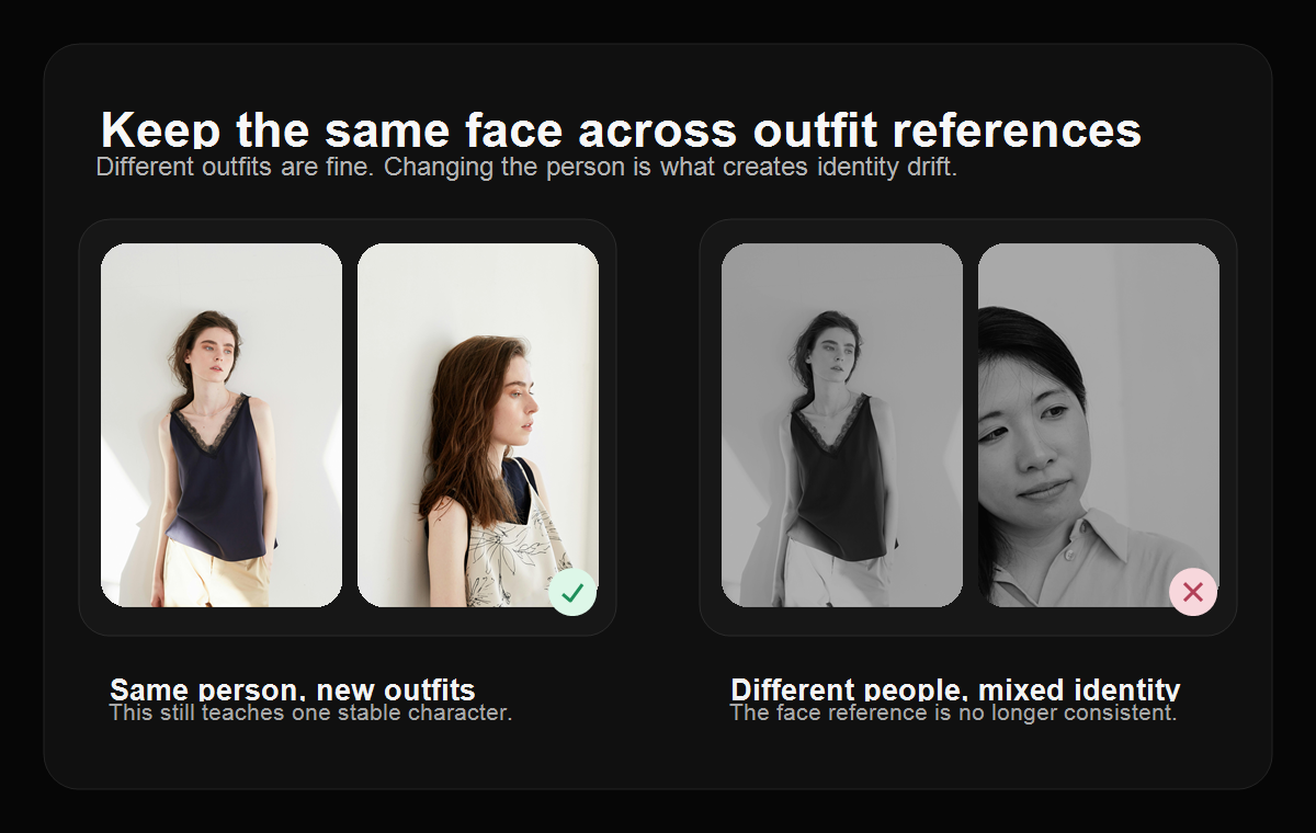 Reference rule: keep the same face across outfit references